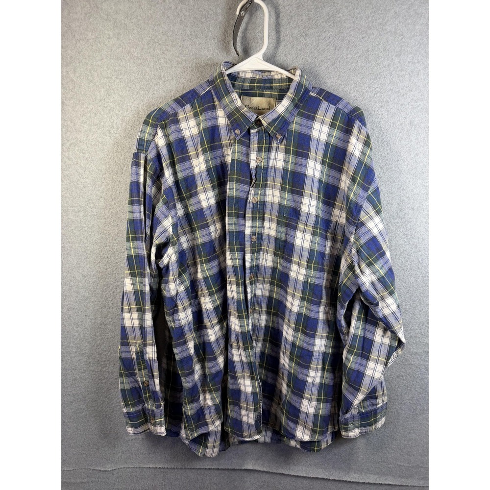 Vintage Greatland Shirt Mens 2XL Blue Plaid Flannel Button Down Cotton 90s